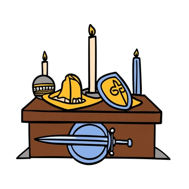 An altar made of polished wood stands in a sacred space, adorned with soft candlelight casting gentle shadows. Laid out reverently upon the altar are pieces of the "armor of God." There is a gleaming helmet of salvation, intricately designed with ornate patterns. A sturdy breastplate of righteousness rests beside it, its surface reflecting the warm illumination. A large shield of faith, round and embellished, is positioned prominently, alongside a sword of the Spirit, its blade shining as if ready for action. Each piece is carefully arranged, emphasizing a sense of respect and spirituality, creating an atmosphere of devotion and reverence.