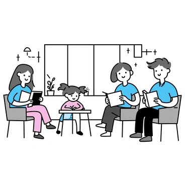 A bright clinic waiting area with large windows allowing natural light. A comfortable seating arrangement features three patients. One patient, a woman with long brown hair, is sitting in a grey chair, reading a magazine. Next to her, a man in a blue shirt is flipping through a paperback book, while a young girl with pigtails is quietly drawing in a sketchbook on a round table in front of them. The walls are adorned with minimalistic art, and there are small potted plants scattered throughout the space. A receptionist's desk is visible in the background.