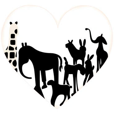 A heart shape created by silhouettes of different animals standing side by side. The silhouettes include a tall giraffe, a playful elephant, a graceful horse, and a small rabbit, among others. The animals are positioned to fill the shape of the heart completely, showcasing a variety of sizes and forms. Each silhouette contrasts sharply against the background, emphasizing their unique features. The overall image has a solid structure, with the heart shape clearly defined and recognizable.