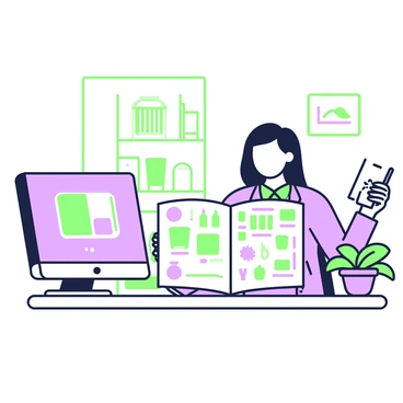 A procurement manager is seated at a desk, focused on a catalog spread open in front of her. The catalog features various eco-friendly products, including reusable containers, biodegradable utensils, and sustainable textiles. She is wearing a smart, tailored outfit, with a notepad and pen in her right hand, ready to take notes on her selections. A plant in a decorative pot sits on the corner of her desk, adding to the eco-friendly theme. A computer monitor displaying a green-themed graph is visible on her left side. The room is bright and organized, with shelves holding sample products in the background.