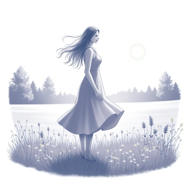 A woman standing in a meadow filled with tall grass and wildflowers. She has long hair that is being gently blown by the breeze, creating a sense of movement. The sun is shining brightly, illuminating her figure and casting soft shadows on the ground. She is wearing a flowing dress that sways with the wind, enhancing the serene atmosphere of the scene. In the background, there are distant trees framing the meadow, adding depth to the image.