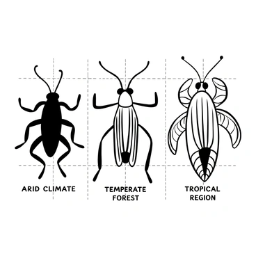 A detailed illustration depicting three distinct grasshoppers, each representing different regions, arranged side by side for comparison. The first grasshopper has elongated hind legs and a pronounced ovipositor, showcasing features typical of grasshoppers from arid climates. The second grasshopper displays a robust body and shorter antennae, characteristic of grasshoppers found in temperate forests. The third grasshopper is slender with long, delicate wings, representing species from tropical regions. Each grasshopper is clearly labeled with its respective region: "Arid Climate," "Temperate Forest," and "Tropical Region." A background grid serves to emphasize the differences in morphology among the three specimens.