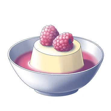 A dessert served in a shallow dish. The base is filled with a smooth, creamy custard that has a glossy finish. Plump raspberries are arranged artfully on top of the custard, their texture contrasting with the silky cream below. The raspberries are vibrant and glistening, suggesting freshness. The dish is garnished with a light dusting of powdered sugar, adding a touch of elegance.