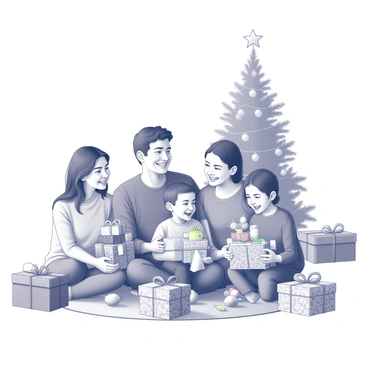 A family of four sitting together on a cozy rug in a living room. The parents sit on either side, with a young girl and a boy in the center. They are smiling and laughing, surrounded by an assortment of opened presents scattered around them. The presents are wrapped in various decorative papers, revealing colorful toys and gifts. The room is decorated for the holiday, featuring a large evergreen tree adorned with lights and ornaments in the background. The atmosphere is festive and joyful, capturing a moment of togetherness after the celebration.