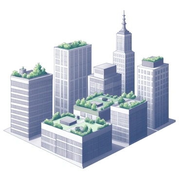 A cityscape featuring a variety of buildings that showcase lush rooftop gardens. The buildings vary in height and design, some with sleek glass facades while others have traditional brick exteriors. Each rooftop is adorned with an array of plants, including shrubs and flowers, creating an urban oasis. The skyline is dotted with greenery, and there are elements like pathways leading to small seating areas among the gardens. The scene captures the blend of urban architecture and nature in harmony.