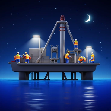 A group of crew members wearing safety helmets and reflective vests is working on an oil rig during the midnight shift. The workers are engaged in various tasks, such as operating machinery, inspecting equipment, and monitoring gauges. The oil rig is illuminated by bright floodlights, casting strong shadows on the metal surfaces. The ocean is visible in the background, with gentle waves reflecting the light from the rig. The sky is dark, filled with stars and a faint crescent moon, adding to the atmosphere of the night shift.