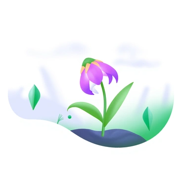 A modern pastel illustration depicting a solitary wilted flower with drooping petals and a faded color in the center of an empty garden. The garden is surrounded by soft green grass, with a few stray blades peeking through the soil. There are hints of sunlight filtering through a slightly overcast sky, casting a muted light on the scene. A few scattered leaves are gently blowing in the breeze nearby, enhancing the feeling of emptiness in the garden.