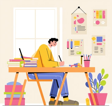 A freelance illustrator sitting at a wooden desk in a cozy home office. The illustrator is focused on drawing with a pencil on a sketchpad. Surrounding the desk are stacks of colorful sketches and various art supplies, including markers, paints, and brushes. On the walls, there are several inspiration boards covered with images, notes, and vibrant color palettes. A large window lets in natural light, illuminating the workspace and creating a warm atmosphere.