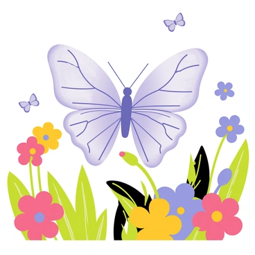 A delicate butterfly with wings resembling "translucent amethyst crystals" is fluttering among colorful flowers in a vibrant garden. The butterfly's wings reflect light, creating a shimmering effect as it moves. Surrounding the butterfly, there are various flowers in hues of pink, yellow, and blue, adding to the lively scene. Green leaves provide a rich backdrop, and there are soft, blurred hints of other butterflies in the distance, enhancing the garden atmosphere.