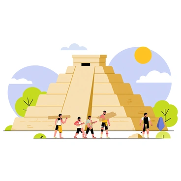 A group of workers is constructing a grand Aztec pyramid made of large stones, with intricate carvings visible on the surface. The pyramid has a wide base and steps leading up to a flat top, showcasing the architectural style of the Aztec civilization. The sun is bright and high in the clear blue sky, casting strong shadows on the ground. The workers are wearing traditional clothing, with some carrying heavy stones on their shoulders and others using tools to carve and shape the stones. Surrounding the site, there are lush green trees and a few scattered rocks, enhancing the scene of construction.