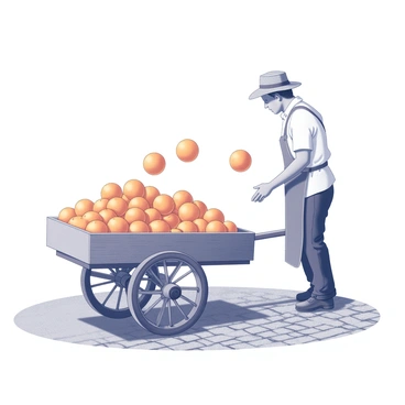 Oranges rolling off a cart, with a vendor catching them just before they hit the ground.