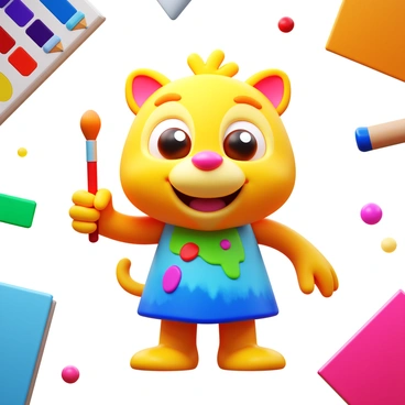 A 3D icon of a mascot character representing the illustration department. The mascot has large expressive eyes, a friendly smile, and is holding a paintbrush in one hand. It has brightly colored fur with splashes of paint in various hues. The character is standing on two feet with a playful posture, wearing a colorful artist's smock adorned with paint stains. The background consists of an array of artistic tools like pencils, paint tubes, and sketchbooks.