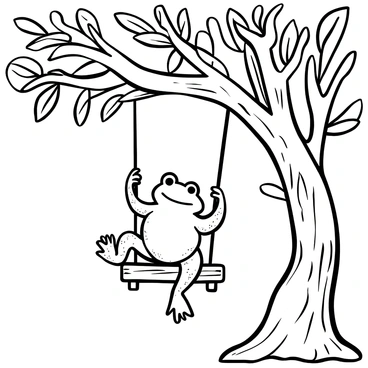 A frog with rounded body and textured skin is sitting on a wooden swing. The swing is suspended from a sturdy tree branch, surrounded by multiple leaves. The frog is positioned in a way that suggests movement, with one leg lifted as if in mid-swing. The tree trunk is thick and gnarled, with rough bark texture. In the background, more branches and leaves are visible, creating a sense of depth and lushness. The scene conveys a feeling of joy and playfulness.