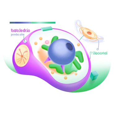 An illustration featuring a large nucleus depicted in the center, surrounded by various cellular components including mitochondria and ribosomes. The nucleus is represented as a sizable, spherical shape with a textured surface. Mitochondria, shown as oval shapes with inner folds, are positioned to the sides. Ribosomes are illustrated as small, round dots scattered throughout the image. A scale bar is included to emphasize the size differences between the ribosomes and the larger cellular components. Each element is clearly labeled with its respective name in bold, contrasting colors for visibility.