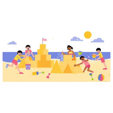 A sunny beach scene with a bright blue sky and a warm sun shining down. Several children are building intricate sandcastles with colorful buckets and shovels scattered around them. Some kids are splashing in the gentle waves, smiling and laughing as the water rolls over their feet. A vibrant beach ball in red, yellow, and blue can be seen nearby, and a few seagulls are flying overhead against the clear sky. The soft, golden sand stretches out in the foreground, creating a perfect playground for the children.