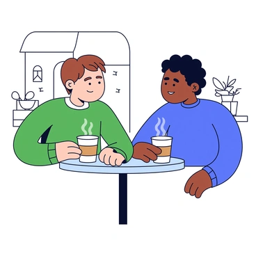 Two friends are seated at a small round table in a café. One friend with short brown hair is wearing a green sweater, while the other friend, with curly black hair, is dressed in a blue t-shirt. Each friend has a steaming cup of coffee in front of them, with light brown liquid and a swirl of cream on top. They are leaning in towards each other, appearing engaged in a serious discussion. The background features a simple café setting with a few potted plants and minimalist decorations on the walls.