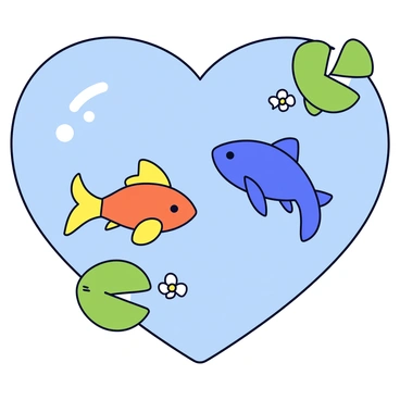 Two colorful fish are swimming together in a heart-shaped pond. The pond has clear blue water, with gentle ripples reflecting light. Surrounding the pond are green lily pads and small, delicate flowers. The fish are vibrant, one is orange and the other is blue, and they are swimming side by side in a playful manner.