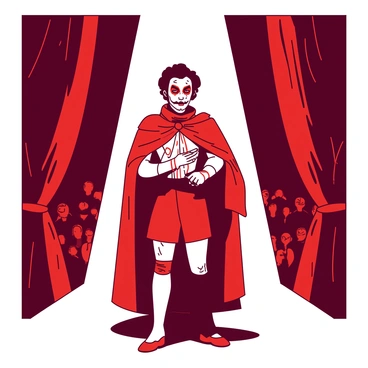 An actor is standing center stage under bright lights, wearing face paint that resembles iconic historical figures. The actor has an intense expression, with the paint highlighting features in bold patterns. He is dressed in an elaborate costume that includes a flowing cape and intricate accessories. Behind him, the theater stage is adorned with rich red curtains that frame the performance, and a curious audience can be seen in the dimly lit background, captivated by the act.