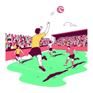 A thrilling sports event is taking place on a vibrant field filled with athletes. A player in a yellow jersey is leaping through the air, reaching for a flying orange ball. In the background, a crowd of spectators is cheering, their faces filled with excitement and anticipation. The scene captures the intensity of the moment, with athletes in various athletic poses, showcasing their skills. The sun casts shadows across the field, highlighting the dynamic movement of the players.