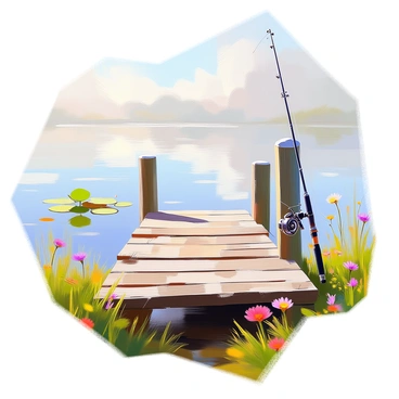 A wooden dock extending into a calm lake, with the water reflecting the soft light of the sky. The dock is made of weathered planks, showing signs of age and use. A fishing rod, with a reel and line, is leaned against one of the vertical supports of the dock. In the background, gentle ripples form on the surface of the lake, where a few lily pads float. Surrounding the dock, lush green grasses and wildflowers edge the water's edge, adding a touch of color to the serene scene.