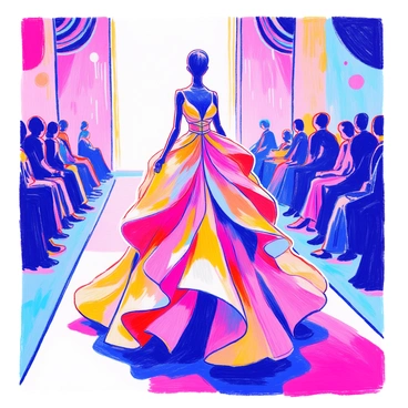 A striking 3D gown features exaggerated shapes and vibrant colors. The gown has flowing elements that create a dynamic silhouette, with layers of fabric that seem to defy gravity. It is displayed on a futuristic runway that has sleek, modern design. Bright lights illuminate the gown, enhancing its bold colors and intricate details. The background includes abstract shapes that complement the gown's design. The atmosphere is filled with anticipation, highlighting the unique fashion at this cutting-edge event.