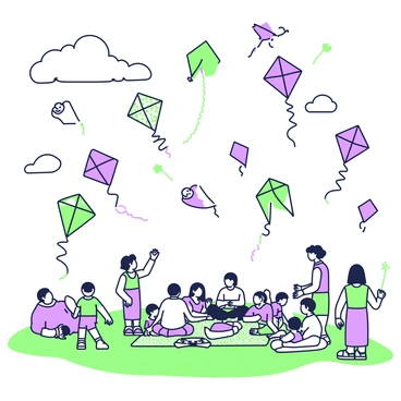 A kite festival scene unfolds, featuring numerous kites soaring high in the sky. Each kite boasts unique shapes and designs, some resembling animals and others taking the form of traditional patterns. The kites are depicted at various heights, showcasing their vibrant designs against the backdrop of a crystal-clear sky. Below, a diverse crowd of festival-goers is present, some holding strings while others watch in awe. The ground is dotted with colorful blankets and picnic setups, where families and friends are enjoying the festival atmosphere.