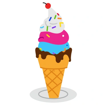 An ice cream cone with a crispy, golden-brown wafer base supports several colorful scoops of ice cream stacked high. The scoops include vibrant shades of pink, blue, and chocolate, creating a striking contrast. Atop the highest scoop, a generous swirl of whipped cream is crowned with a bright red cherry. Various toppings, such as rainbow sprinkles and chocolate syrup, cascade down the sides of the sundae, adding texture and a playful touch. The entire dessert sits on a simple white plate, enhancing the visual appeal of this towering creation.