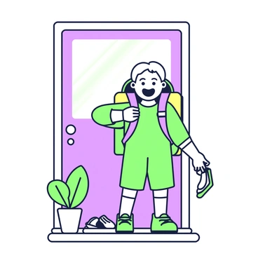 A young child with short hair is standing at the front door, wearing a bright outfit. The child has a colorful backpack secured on their back, with two straps holding it in place. The front door is wooden, and sunlight streams in, illuminating the child's excited expression. The child is smiling widely, with one hand gripping the backpack strap while the other holds the door handle. A pair of shoes is neatly placed just beside the door, ready for the adventure ahead. A small potted plant is positioned on the doorstep, adding a touch of liveliness to the scene.