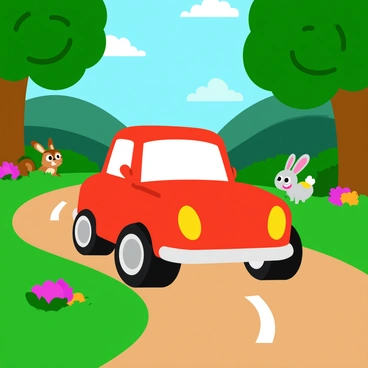 A vibrant 3D cartoon car with a shiny red exterior is driving along a winding path. The car has oversized wheels and large, expressive headlights. Surrounding the path is a lush forest filled with green trees and colorful flowers. Friendly woodland creatures, including a curious rabbit, a playful squirrel, and a cheerful bird, are peeking out from behind the trees and bushes, watching the car as it passes by. Sunlight filters through the leaves, creating dappled patterns on the ground. The scene conveys a sense of adventure and whimsy.
