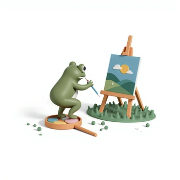 A small green frog, with big round eyes and smooth skin, is standing on its hind legs in front of a small canvas easel. The frog is holding a tiny paintbrush with its webbed fingers. The canvas on the easel displays a colorful landscape featuring rolling hills and a bright blue sky with fluffy white clouds. The ground is covered in vibrant green grass, and the frog's little feet are positioned on a wooden palette, which has various colors of paint splattered on it. The scene is lively and playful, showcasing the frog's concentration as it focuses on its painting.