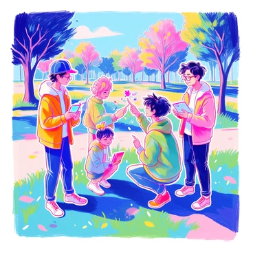 A group of four friends is standing in a park, engaged in an augmented reality game. One friend, wearing a black baseball cap, is holding a smartphone up, displaying a colorful virtual creature on the screen. Another friend, with short curly hair, is pointing excitedly at a different area where another creature is supposedly located. The third friend, wearing a green hoodie, is crouched down, pretending to interact with the virtual elements. The fourth friend, with glasses, is laughing and looking at the screen of a tablet, sharing his findings with the group. The park features lush green grass, a few trees, and a clear blue sky in the background.