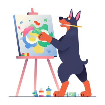 A Doberman with a glossy black coat is standing on its hind legs in front of a large easel. The Doberman has a bright, focused expression as it carefully holds a paintbrush in its mouth. In front of it is a colorful paint palette, containing vibrant shades of blue, red, green, and yellow. Splatters of paint adorn the easel, showcasing an abstract piece that features swirls of color. The ground is covered with small droplets of paint, and there are several art supplies scattered around, including tubes of paint and brushes of various sizes. The scene captures the playful yet dedicated spirit of the Doberman as it engages in its artistic endeavor.