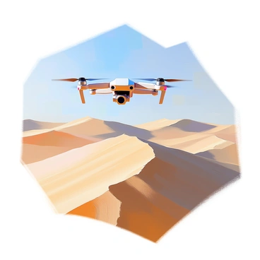 A drone is hovering above a vast expanse of rolling sand dunes, showcasing intricate wind-carved patterns on the surface of the sand. The dunes have soft, sweeping shapes, creating gentle shadows and highlights as the sunlight casts down. The background features a clear blue sky, providing a stark contrast to the warm tones of the sand below. The scene captures the serenity and beauty of the natural landscape, with the drone positioned prominently in the foreground, observing the undulating terrain.