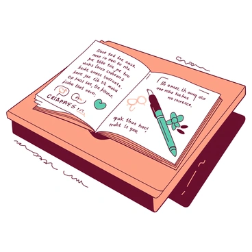 An orange open journal lies on a wooden table, its pages filled with handwritten notes and colorful doodles. The notes detail various menstrual symptoms, such as cramps and mood swings, written in neat cursive. Surrounding the text are simple illustrations, including a teal flower and a small heart, representing emotions. A teal pen rests beside the journal, partially capped, indicating recent use. A soft light casts gentle shadows on the table, highlighting the journal's contents.