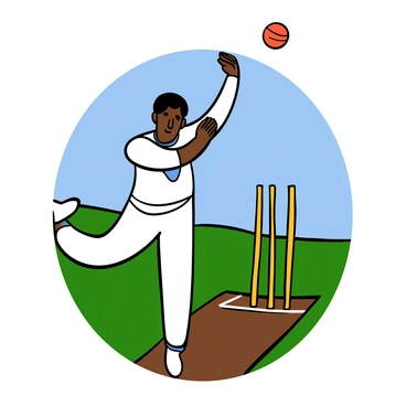 A cricket player with dark skin and short black hair is bowling. "Sachin Tendulkar" is wearing a white cricket jersey with blue accents and white trousers. He is in a dynamic bowling pose, with his left arm raised and the cricket ball mid-air heading towards the wicket. The background shows a cricket field with green grass and a clear blue sky. The stumps are visible in the distance, positioned behind a patch of white chalk markings on the ground.