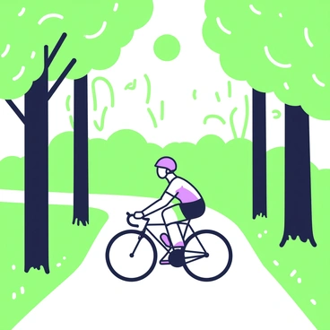 A cyclist is riding a bike along a path surrounded by tall trees. The cyclist is wearing a helmet and colorful biking gear. The bike features a sleek design with thin tires. To the sides of the path, there are trees with thick trunks and lush green foliage, creating a natural canopy overhead. Sunlight filters through the leaves, casting patterned shadows on the ground. In the background, there is a glimpse of a distant hill, adding to the scenic atmosphere.