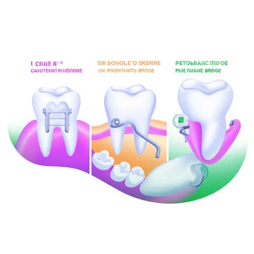An illustration featuring various types of dental bridges displayed side by side. Each bridge is presented in a different section, clearly labeled. The first section shows a traditional dental bridge with two abutment teeth supporting a prosthetic tooth in the middle. The second section presents a cantilever bridge, secured by one abutment tooth with a prosthetic tooth extending out. The third section illustrates a Maryland bridge, which has a metal framework attaching to the back of adjacent teeth. Colorful labels accompany each type, enhancing clarity and understanding of the differences.