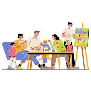 A family consisting of four members is gathered around a wooden coffee table. They are examining old photographs, some smiling and reminiscing, while others express curiosity. The mother holds a sepia-toned photo, and the father points at it with a smile. The two children, a boy and a girl, lean in closely, their eyes bright with interest. In the background, an artist is at an easel, painting a cheerful scene of the same family enjoying a picnic in a sunny park. The artist uses vivid colors, capturing the joy and warmth of the moment, while the family continues to engage with their memories. 