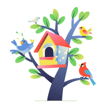 A whimsical birdhouse painted in bright colors, including red, blue, and yellow, is perched on a sturdy branch of a tree with vibrant green leaves. The birdhouse has a unique design, featuring a small, arched entrance and decorative patterns. Surrounding the birdhouse are playful birds in various species, such as a blue jay with a bright crest, a cheerful yellow canary, and a red cardinal. The birds are perched on nearby branches, chirping joyfully. Some of them are mid-flight, showcasing their colorful feathers against the clear blue sky.