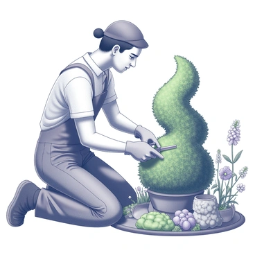 A gardener is positioned in a well-maintained garden, focused on pruning a topiary. The gardener holds a pair of pruning shears in one hand, carefully trimming the green foliage of the topiary into a precise shape. The topiary is lush and well-groomed, resembling a sculpted form amidst the surrounding flora. The gardener is dressed in a practical gardening outfit, with gloves on both hands for protection. In the background, various plants and flowers are arranged, adding depth to the garden scene. The sun casts soft shadows, highlighting the gardener's concentration and the details of the topiary.
