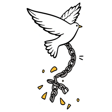 A white dove with detailed feathers soaring gracefully above a chain that is snapping apart. The dove's eyes are sharp and focused, reflecting determination. Below, the chain is depicted with links breaking, emphasizing the concept of liberation. The scene captures the motion of the dove as it ascends, with the broken chain pieces falling away to highlight the theme of freedom. The background is simple to keep the focus on the dove and the chain.