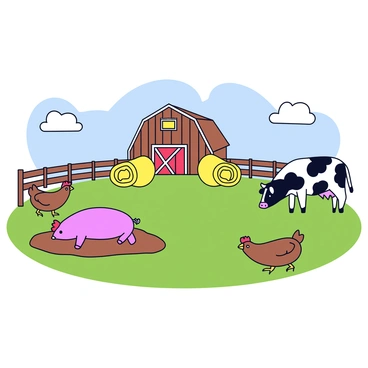 A farmyard scene featuring several barnyard animals. There are two brown chickens pecking at the ground, a pink pig lying in the mud, and a black and white cow grazing on the grass. In the background, there is a wooden barn with a red door. A few hay bales are stacked nearby, and a wooden fence surrounds the area. The sky is clear with a few fluffy clouds.