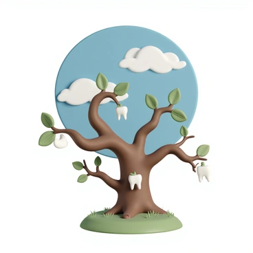 A whimsical tree with a thick, gnarled trunk and bright green leaves. The branches extend outward in a playful manner, adorned with various-sized teeth as fruits. Some teeth are shiny white, while others are slightly yellowed. The backdrop features a clear blue sky with fluffy white clouds, and the ground is covered in soft green grass.