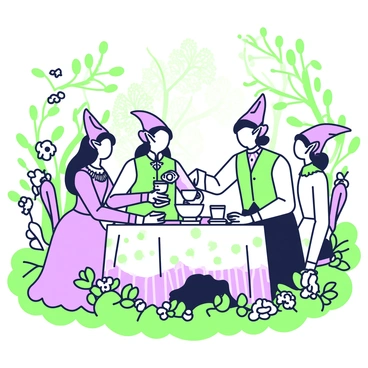A group of elves dressed in vintage clothing is gathered around a beautifully set table in a magical forest. The table is adorned with a delicate green-and-purple tablecloth and features an assortment of tea cups and saucers. Each elf is styled in elegant attire; one is wearing a long, flowing purple dress, while another is dressed in a green waistcoat with a ruffled shirt. They are engaged in conversation, with one elf pouring tea from a decorative teapot into a cup. Surrounding the table, lush greenery and fantastical blooming flowers create an enchanting atmosphere. Sunlight filters through the trees, casting gentle patterns on the ground.