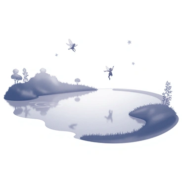 A tranquil lake with smooth water that reflects the sky. The shoreline is dotted with lush greenery, and the surface of the lake shows the silhouette of soft ripples. Small, delicate fairies can be seen dancing above the water, their forms light and whimsical. The scene captures a sense of enchantment, as if the fairies are playfully moving in harmony with nature.
