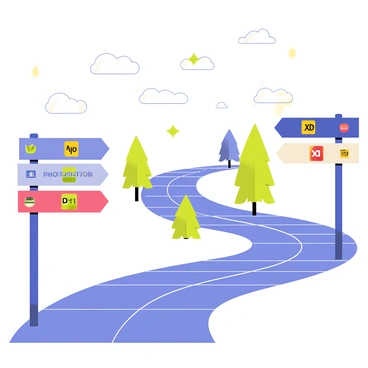 A pathway winding through a digital world filled with Adobe-themed street signs