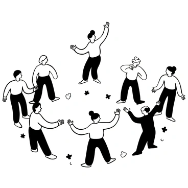 A group of individuals participating in a trust fall exercise, standing in a circle. One participant is in the process of falling backward with arms outstretched, while the catchers around them begin to fade away, leaving only empty spaces where they once stood. On the ground, a few scattered leaves and a textured surface create a sense of depth. The expressions of the remaining catchers reflect surprise and concern as they reach out toward the falling participant. The overall scene captures the tension and dynamics of trust and uncertainty in the activity.
