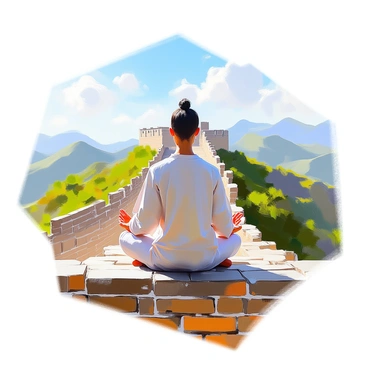 A lone traveler with a light tan complexion is seated in a meditation pose on a quiet section of the Great Wall of China. The traveler is dressed in loose, comfortable clothing that blends with the natural surroundings. The Great Wall stretches behind them, showcasing ancient stone bricks covered in patches of moss and lichen. Lush green hills roll in the background, with a clear blue sky above. The sunlight casts soft shadows, emphasizing the contours of the wall and the figure of the traveler, who appears serene and focused in their practice.