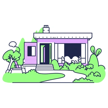 A mid-century modern house stands prominently in the foreground, showcasing a flat roof and large, expansive windows. The exterior features a combination of natural wood and stone elements, enhancing its unique architecture. In front of the house, a lush garden burbles with greenery, filled with various plants and shrubs. A winding stone pathway leads through the garden, guiding the viewer's eye towards the entrance of the house. To the side, there is a small patio area equipped with modern outdoor furniture. The overall scene radiates a sense of harmony between the architecture and the surrounding nature.