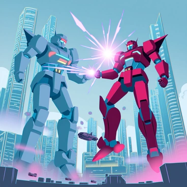 Two massive mecha robots, one with steel-blue armor and glowing orange accents, the other with deep red plating and electric blue highlights, are locked in an intense battle above a sprawling futuristic city. The skyline features towering skyscrapers made of glass and metal, illuminated by vibrant neon lights. The robots are unleashing powerful energy blasts at each other, leaving trails of sparks in the air. Explosions can be seen in the background, creating a dramatic atmosphere filled with smoke and debris. The city below is bustling with flying vehicles, showcasing advanced technology as they navigate through the chaos of the conflict overhead.